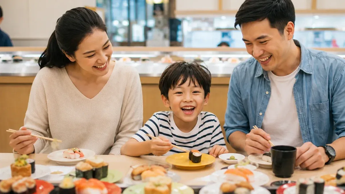 ครอบครัวรับประทานอาหารร่วมกันที่ร้านซูชิสายพาน