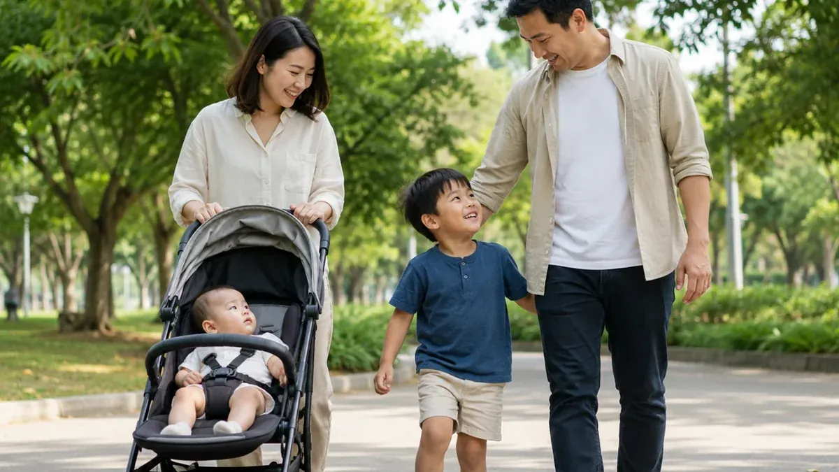 ครอบครัวไทยเดินเล่นในสวน มีทารกในรถเข็นและพี่วัยอนุบาลเดินกับพ่อแม่